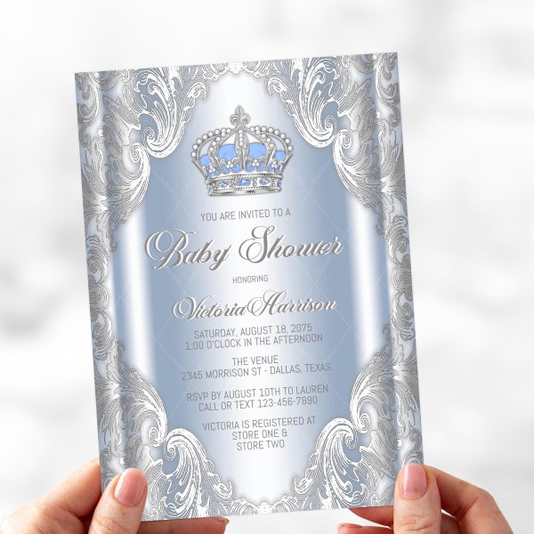 Baby Blue Silver Prince Baby Shower Invitation, Blue Silver Baby Shower, Blue Gray Baby Shower, Prince Birthday Party, Blue Silver, BSC1