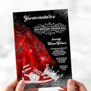 Red Sneaker Ball Birthday Invitations, Red Silver Sneaker Ball Invitations, Woman Sneaker Ball Invitations, Red Silver Sneaker Ball, SB10