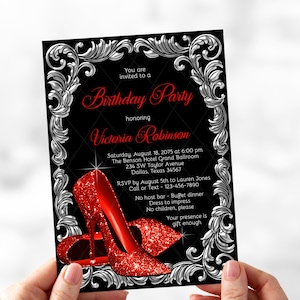 Red High Heel Birthday Party Invitation: Silver Swirl Design