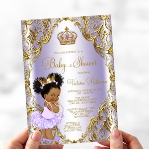 Lavender Gold Baby Shower Invitation,Lavender Gold Princess Baby Shower Invitation,Purple Gold Baby Shower,Afro,Afro Princess,Purple,LGP1