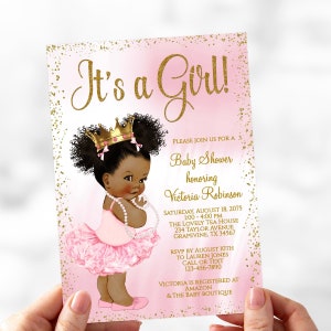 African American Princess Baby Shower Invitation: Pink & Gold Tutu