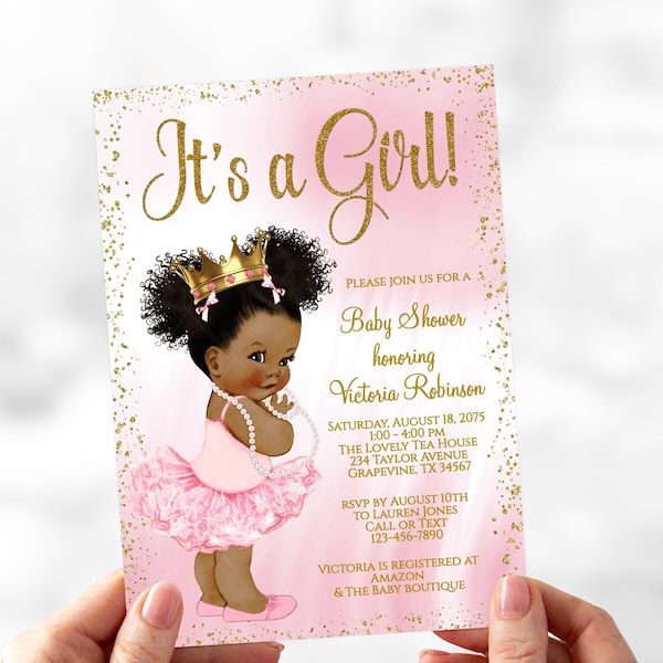 African American Princess Baby Shower Invitation,Pink Gold Baby Shower Invitation,Afro,Afro Puff,African American,Princess,Tutu,PTU1