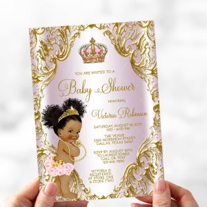 Pink & Gold Afro Princess Baby Shower Invitation