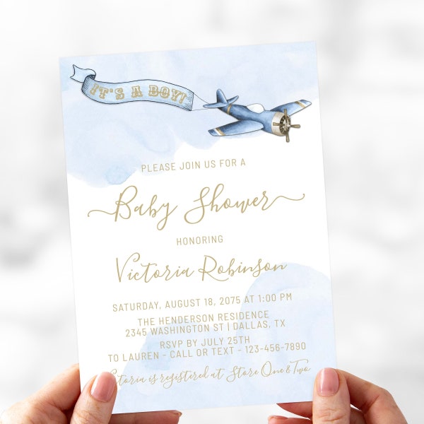 Vintage Airplane Baby Shower Invitation, Airplane Baby Shower Invitation, Boy Airplane Baby Shower, Travel Baby Shower, Adventure Baby, ABS1