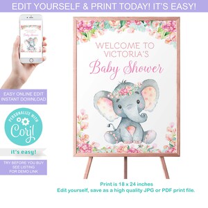 Letrero de bienvenida para baby shower de niña con diseño de elefante: Floral en acuarela (descarga digital)