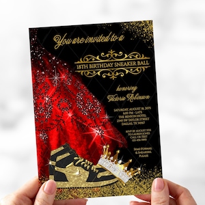 Girl Sneaker Ball Birthday Invitation, Red Black Gold Sneaker Ball Invitations, Woman Sneaker Ball Invitations, Red Gold Sneaker Ball, SB2