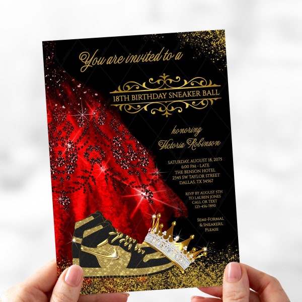 Girl Sneaker Ball Birthday Invitation, Red Black Gold Sneaker Ball Invitations, Woman Sneaker Ball Invitations, Red Gold Sneaker Ball, SB2