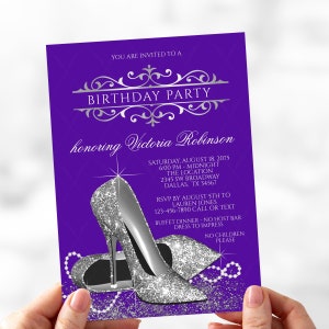 Womans Purple Silver Birthday Invitations, Purple Silver Invitations, Woman High Heel Shoe Invitation, Womans Any Number Birthday, SS3