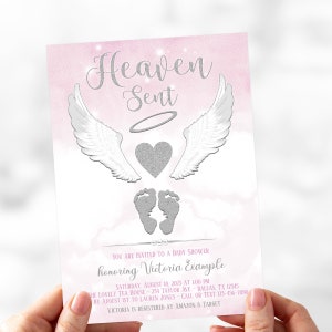 Girl Heaven Sent Baby Shower Invitations: Angel Wings, Pink Cloud