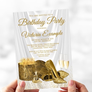 Womans White Gold Birthday Party Invitations,Any Number,Gold Glitter High Heel Shoes,Satin,Womans,Elegant,White,Gold,Birthday Party,WB6