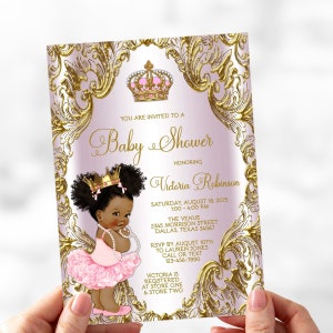 Afro Hair Princess Baby Shower Invitation,Pink Gold Princess Baby Shower,Pink Gold Baby Shower,Pink Gold Princess,Afro Puff,PGP1