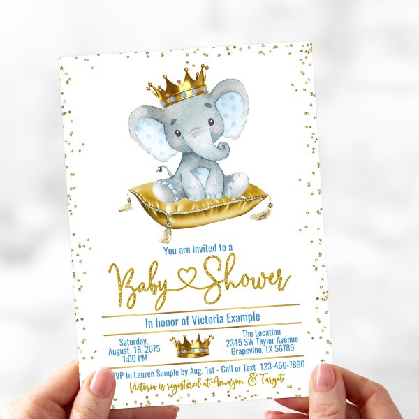 Boy Elephant Prince Baby Shower Invitation, Boy Elephant Baby Shower Invitation, Elephant Prince Baby Shower, Baby Blue Gold Baby Shower,BE6