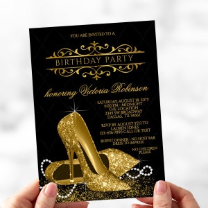 High Heel Shoe Birthday Party Invitation,Gold High Heel Shoes,Womans Black Gold Birthday Party Invitation,Any Number Instant Download,GGS1