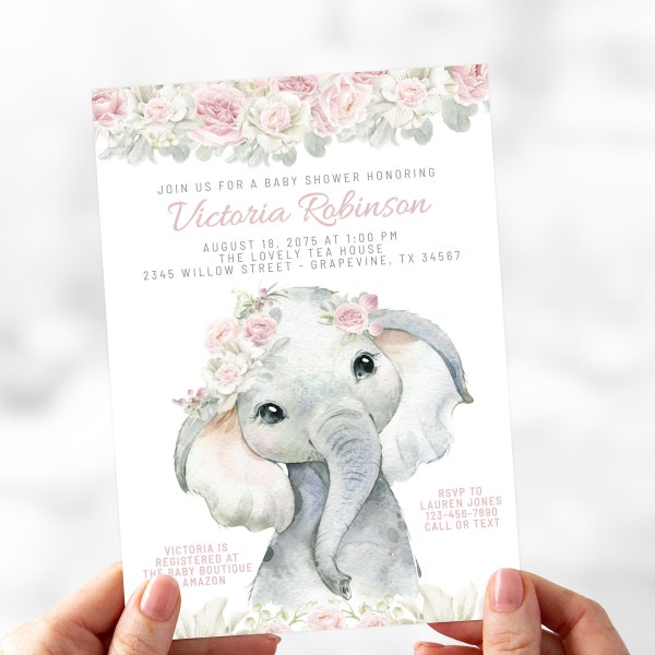 Girl Elephant Baby Shower Invitation, Blush Pink Baby Shower Invitation, Girl Elephant Baby Shower, Girl Blush Pink Baby Shower, GE4