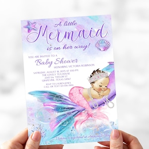 Mermaid Baby Shower Invitation, Mermaid Baby Shower,Brunette Mermaid Invitation, Pink Purple Mermaid, Pink Mermaid, Mermaid Tail Baby, PMT4