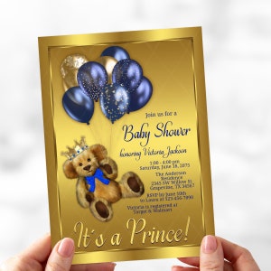 Inviti per baby shower a forma di orsetto di peluche, invito per baby shower a forma di orsetto di peluche maschio, invito per baby shower a forma di principe blu reale, principe orsetto di peluche, BTB1