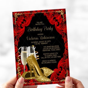 Gold Glitter Shoe Invitations,High Heel Shoe,Womans High Heel Shoe Invitations,Womans Any Number Birthday,Red Black Gold ,Champagne,GS7 image 1