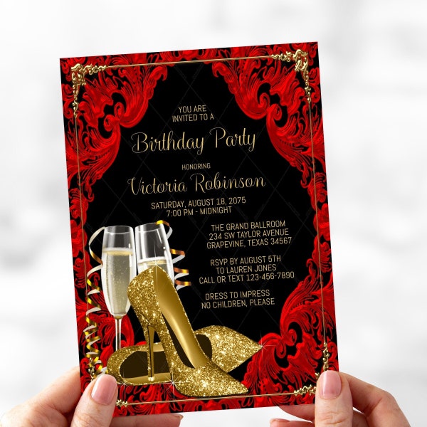 Gold Glitter Shoe Invitations,High Heel Shoe,Womans High Heel Shoe Invitations,Womans Any Number Birthday,Red Black Gold ,Champagne,GS7