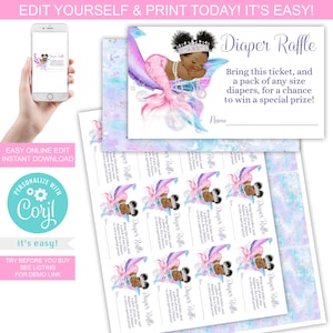 Estrazione a sorte di pannolini da sirena, biglietti per l'estrazione a sorte di pannolini da sirena, coda di sirena, sirena afro, sirena rosa, baby shower a tema sirena afroamericana, afro, PMT1