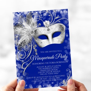 Blue Masquerade Party Invitation: Silver Mask, Elegant Swirl (Digital Download)