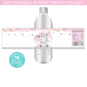 Girl Elephant Water Bottle Labels,Girl Elephant Baby Shower Water Bottle Labels,Pink Gold,Elephant,Girl Elephant Water Bottle Labels,GED1