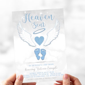 Heaven Sent Baby Shower Invitation: Angel Wings, Blue Glitter (Digital Download)
