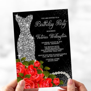 Red Rose Birthday Party Invitations: Silver Glitter Dress (Digital Download)