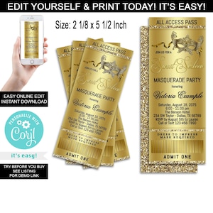 Gold Masquerade Party Ticket Invitation: Sweet Sixteen (Digital Download)
