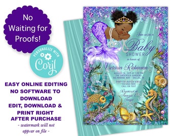 black mermaid baby shower invitations