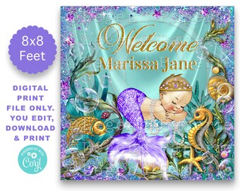 Mermaid Baby Shower Backdrop: Purple Teal, 8x8 Feet (Digital Print File)