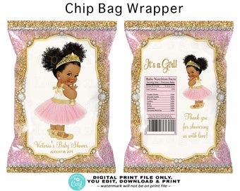 Afro Princess Baby Shower Chip Bags,Princess Baby Shower Chip Bag,Pink Gold Princess Chip Bags,Diamond,Glitter,Afro Princess Chip Bag,TPD1