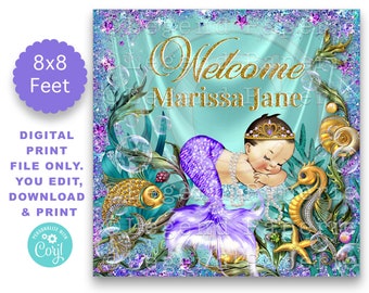 Teal Mermaid Baby Shower Backdrop (Digital Print File)