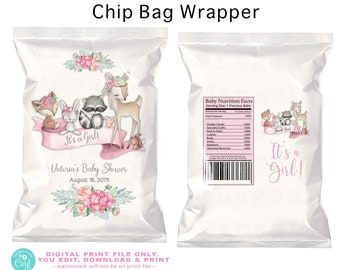 May include: Printable chip bag wrapper design featuring a pink and white colour scheme with a woodland animal theme. The design includes a deer, rabbit, raccoon, and fox with the text "It's a Girl!" and "Victoria's Baby Shower".