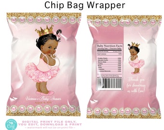 Princess Baby Shower Chip Bag,African American Princess Chip Bags,Pink Gold Princess Chip Bags,Princess Chip Bags,PTU2