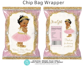 African Princess Baby Shower Chip Bags,Princess Baby Shower Chip Bag,Pink Gold Princess Chip Bags,Diamond,Glitter,Princess Chip Bag,TPD2