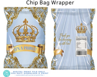 Prince Baby Shower Chip Bag: Blue & Gold Crown (Digital Download)