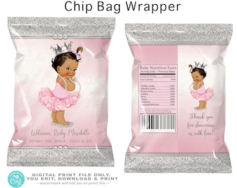 Princess Baby Shower Chip Bags, Pink and Silver Chip Bags,Princess Chip Bags,Tutu,Princess,Pink,Silver,Favor,Chip Bag,Ethnic Princess,STU3