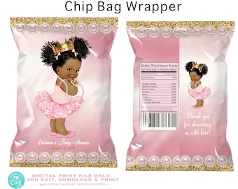 Afro Princess Chip Bags,Tutu,Princess Baby Shower Chip Bag,Pink Gold Princess Chip Bags,Afro Princess Chip Bag,Princess,Queen,Chip,PTU1