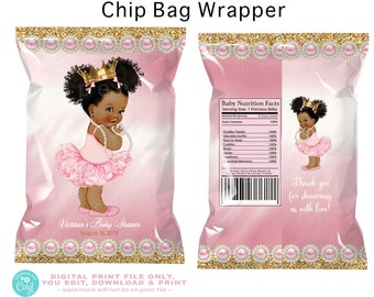 Afro Princess Chip Bags,Tutu,Princess Baby Shower Chip Bag,Pink Gold Princess Chip Bags,Afro Princess Chip Bag,Princess,Queen,Chip,PTU1