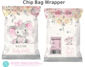 Girl Elephant Baby Shower Chip Bag: Pink Floral Diamond (Digital File)