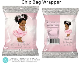 Princess Baby Shower Chip Bags, Pink and Silver Chip Bags,Princess Chip Bags,Tutu,Princess,Pink,Silver,Favor,Chip Bag,African Princess,STU1