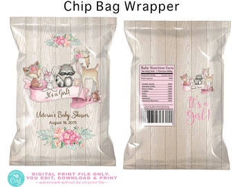 May include: Printable chip bag wrapper with a woodland theme. The design features a pink banner with the text "It's a Girl!" and "Victoria's Baby Shower" with a date. The background is a woodgrain pattern with a floral design. The wrapper is designed for a 28.35 gram chip bag.