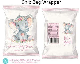 Girl Elephant Baby Shower Chip Bags,Elephant Baby Shower Chip Bags,Girl Elephant Chip Bags,Cute Elephant,Girl Elephant Chip Bag,GE1
