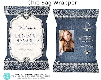 Denim and Diamond Birthday Party Chip Bag Wrapper (Digital File)