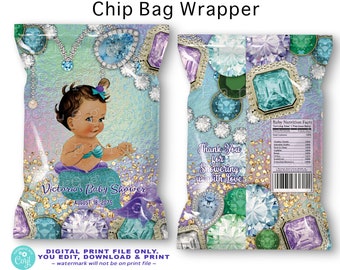Jewel Mermaid Baby Shower Chip Bag: Ethnic Design (Printable)