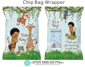 Boy Safari Baby Shower Chip Bolsas, Boy Safari Baby Shower, Bolsas de chips Safari, Afro Boy Safari Baby Shower, Boy Safari Chip Bag Wrappers, SJ1