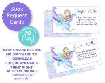 May include: Two printable baby shower diaper raffle tickets with a mermaid theme. The tickets are white with a purple and blue watercolor background. The tickets feature a mermaid baby with a crown and a pearl necklace. The text on the tickets reads "Diaper Raffle" and "Bring this ticket, and a pack of any size diapers, for a chance to win a special prize!"