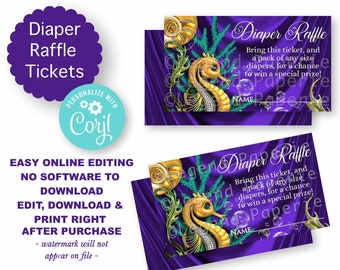 May include: Purple and gold diaper raffle ticket with a seahorse design. The text on the ticket reads "Diaper Raffle" and "Bring this ticket, and a pack of any size diapers, for a chance to win a special prize!"