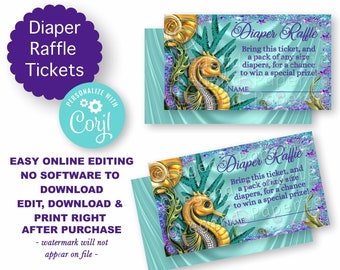May include: Two turquoise blue printable diaper raffle tickets with a seahorse and seashell design. The text on the ticket reads "Diaper Raffle" and "Bring this ticket, and a pack of any size diapers, for a chance to win a special prize!"