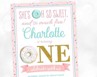 Girl Donut 1st Birthday, Girl Donut First Birthday Party, Girl First Birthday Party, Donut 1st Birthday, Donut 1st Birthday Party Invitation